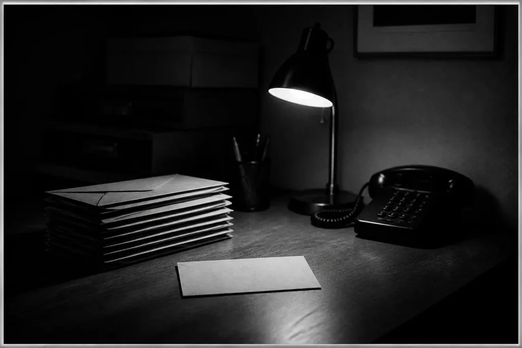 Ein nächtlicher Schreibtisch mit einem Stapel Umschläge und einem Brief im Licht einer Lampe