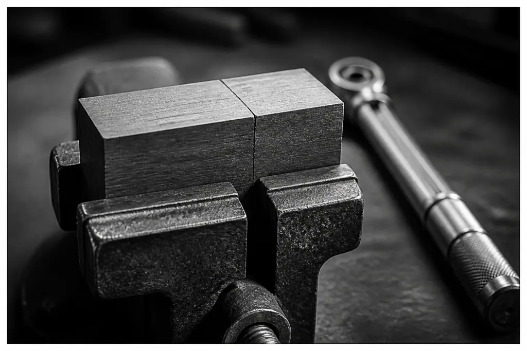 Ein in einen Schraubstock gespannter Block, daneben ein Schraubenschlüssel und ein Riss, der auf halber Strecke endet