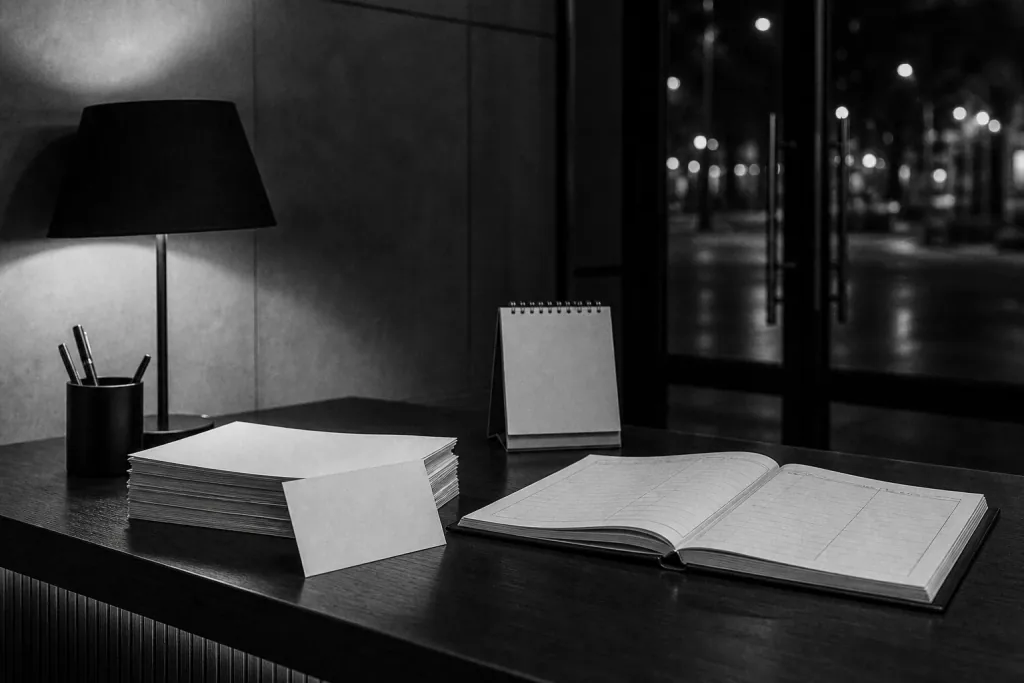 Serviceschalter mit Papierstapeln, einem Kassenbuch und einem Kalender